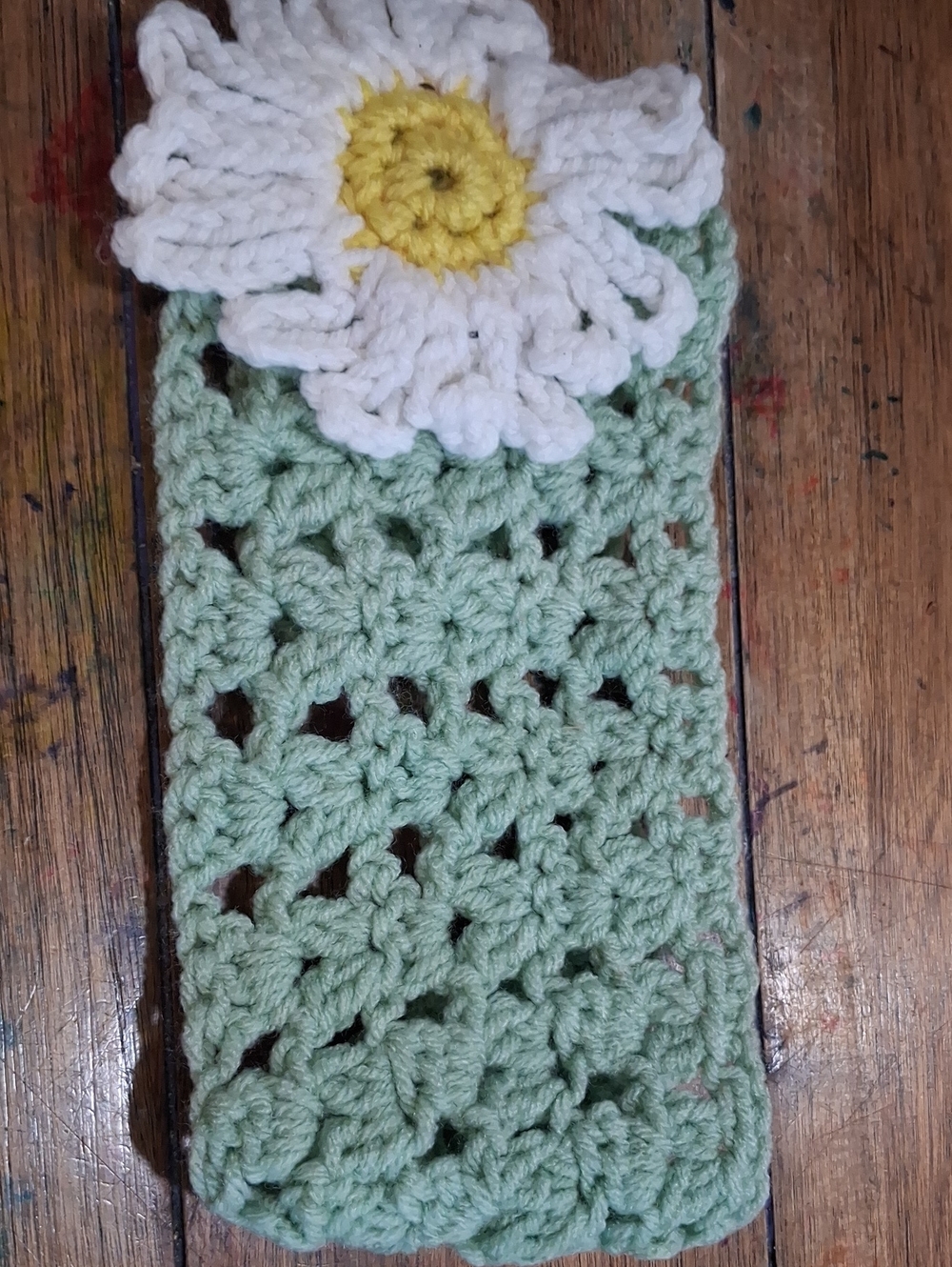 Handmade Crochet Flower Head Band Adjustable - Green with White Daisy